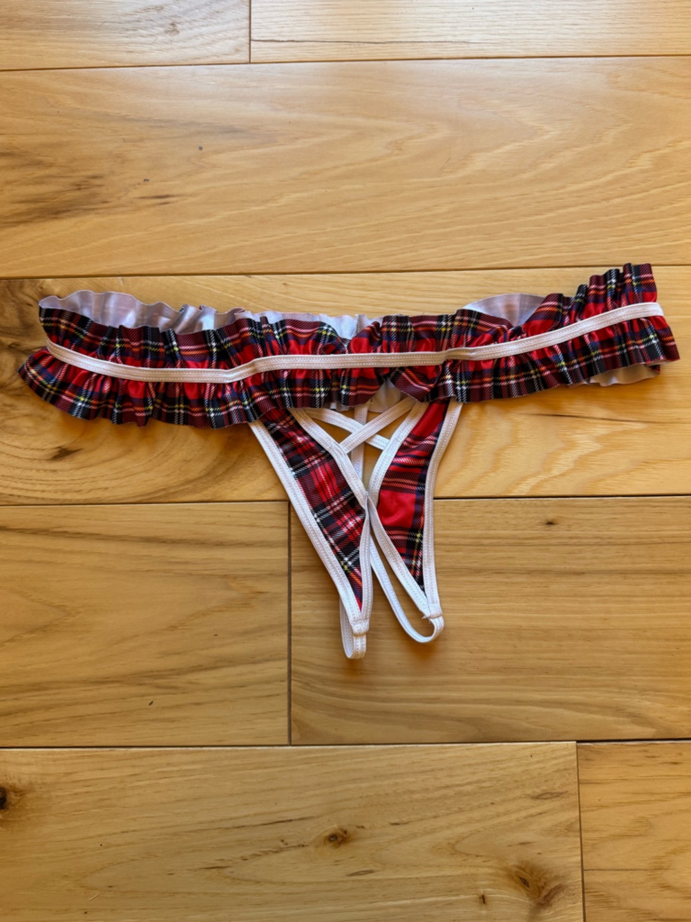 Red plaid schoolgirl crotchless thong